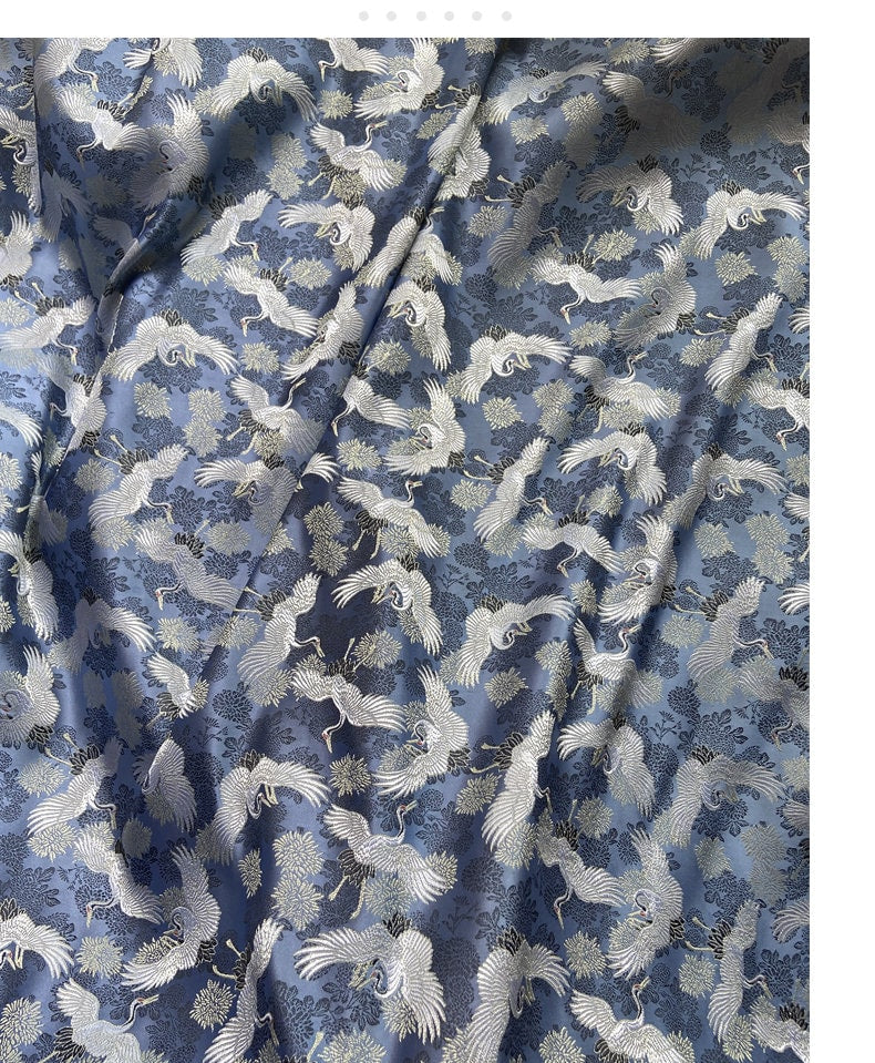 Blue Crane Jacquard Satin Fabric: Antique Cheongsam Sewing Fabric