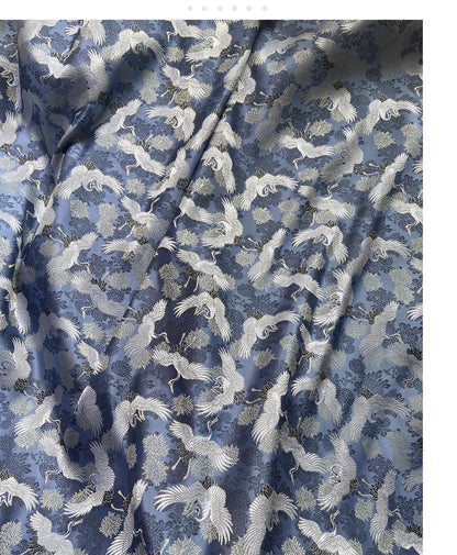 Blue Crane Jacquard Satin Fabric: Antique Cheongsam Sewing Fabric