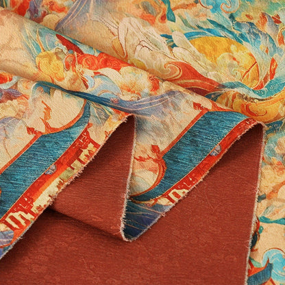 Red Cloud Yarn Flower Fabric: Ancient Painting Style, 59" Wide