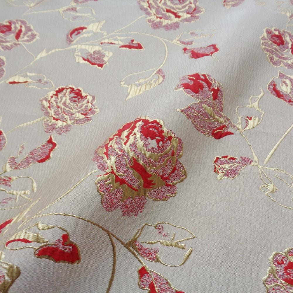 Magnolia Gold Foil Jacquard Fabric: Floral Chenille Upholstery, 56"W