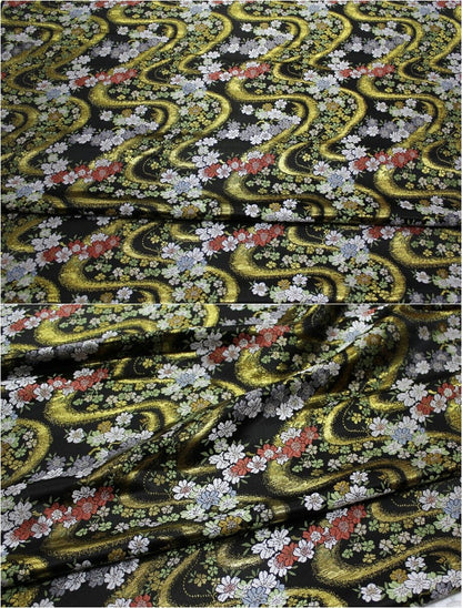 Tissu jacquard floral Nishijin : brocart de soie noir et or