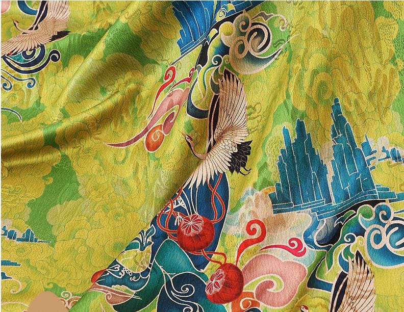 Phoenix Flower Tea Silk Fabric: Digital Print Upholstery, Costume, Drapery (59"W)