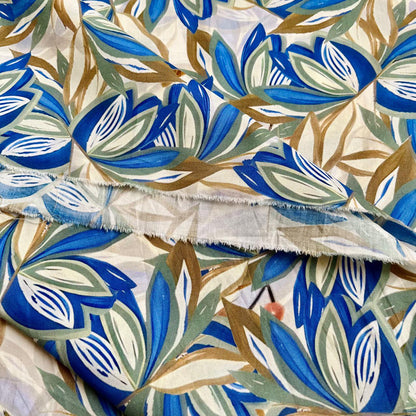 Floral Cotton Fabric: 60s Style, Blue & Brown Print, 59" Wide