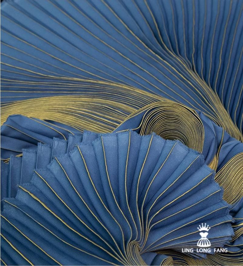 Ocean Blue Foil Pleated Fabric: Hand-Pressed Crepe Designer Material