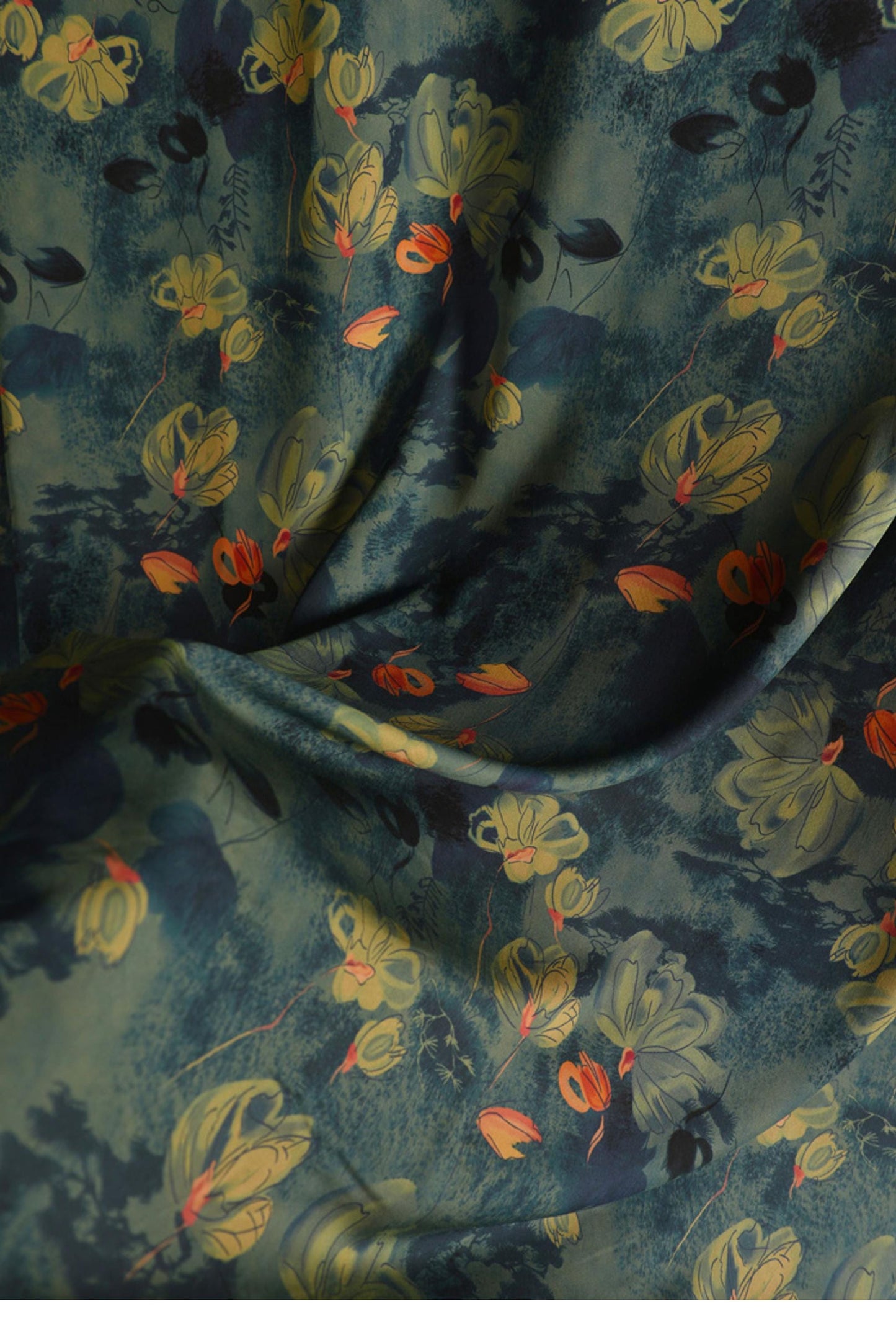 Tissu en coton à motif floral : style peinture à l’encre de Chine, 140 cm de large
