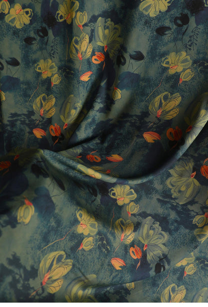 Tissu en coton à motif floral : style peinture à l’encre de Chine, 140 cm de large