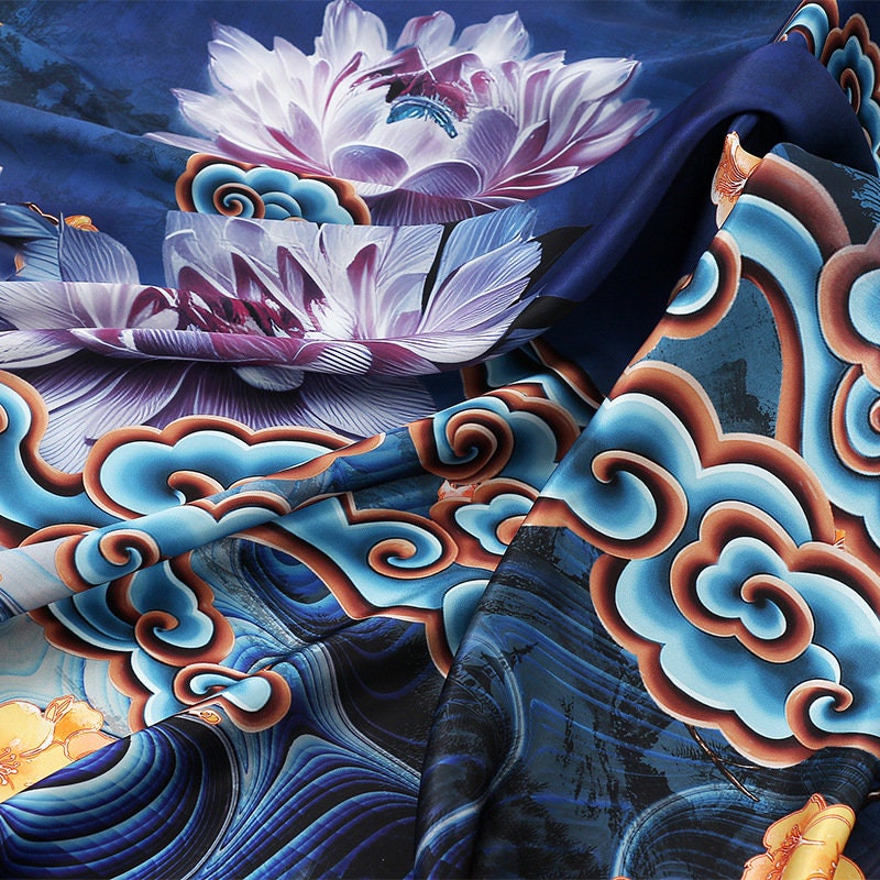 Dunhuang Floral Satin Fabric: 59"W Digital Print for Sewing & Decor