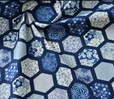 Japanese Blue Cotton Fabric: Floral Print Sewing Material