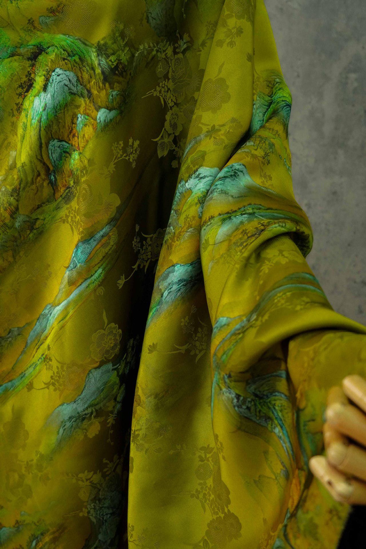 Ancient Landscape Painting Rayon Fabric: Upholstery, Costume, Scarf (55"W)