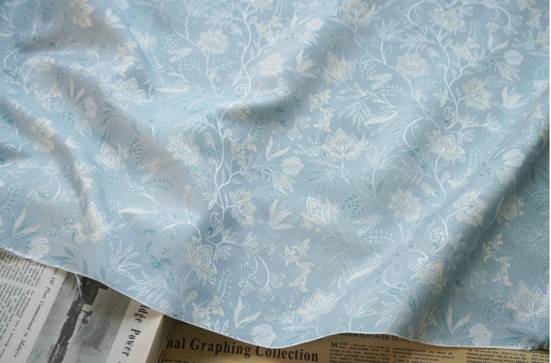 Azure Floral Jacquard Fabric: Reversible Light Blue Woven Upholstery, 64" Wide
