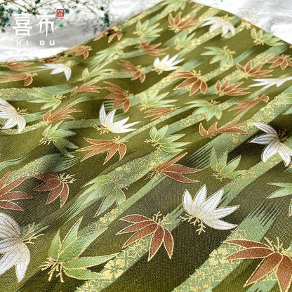 Japanese Foliage Cotton Fabric: Hot-Stamping Kimono Sewing Material, 57"W