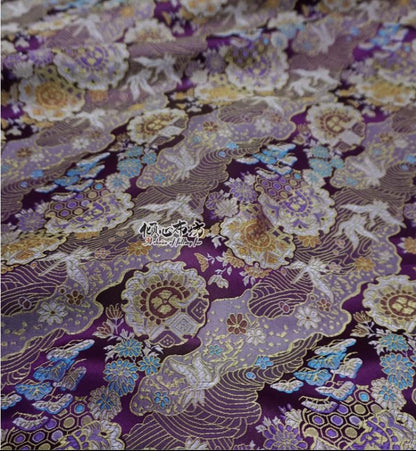 Nishijin Crane Kinran Fabric: Black Jacquard Silk Brocade Damask