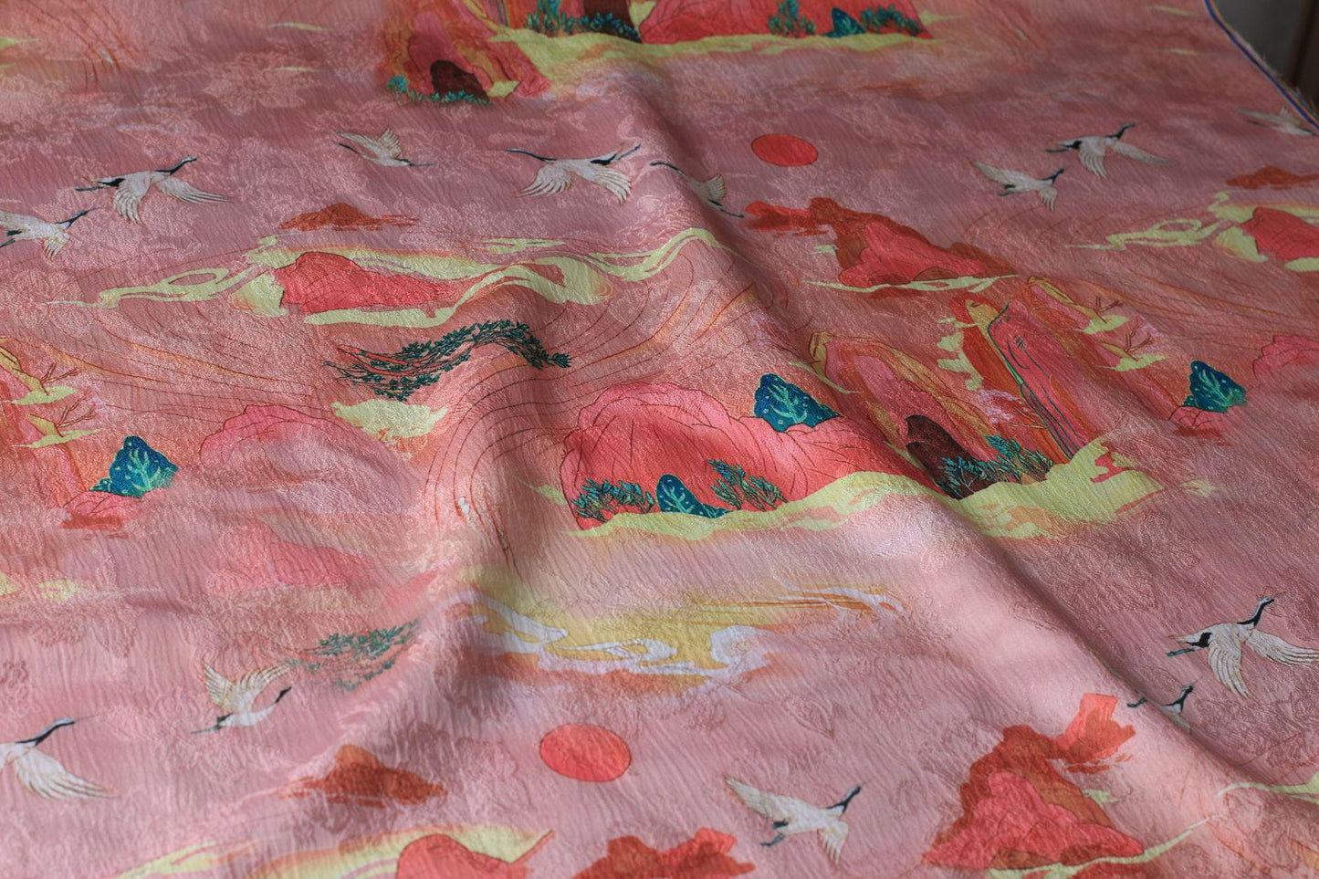 Floral Silky Satin Fabric: 59"W Ancient Painting Print