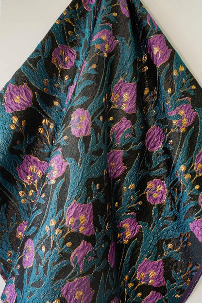 Tissu jacquard à fils dorés : motif tulipe rétro 3D, 142 cm de large