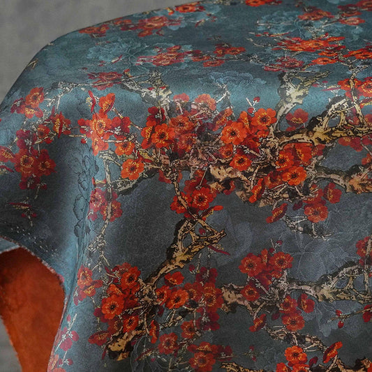 Tissu satin de soie « Thé aux fleurs de prunier » : ameublement et confection de costumes, 140 cm de large