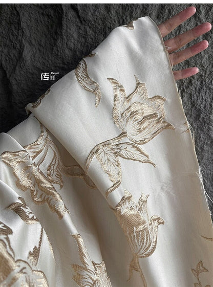 Champagne Magnolia Embroidered Jacquard Fabric: 57"W Floral Upholstery