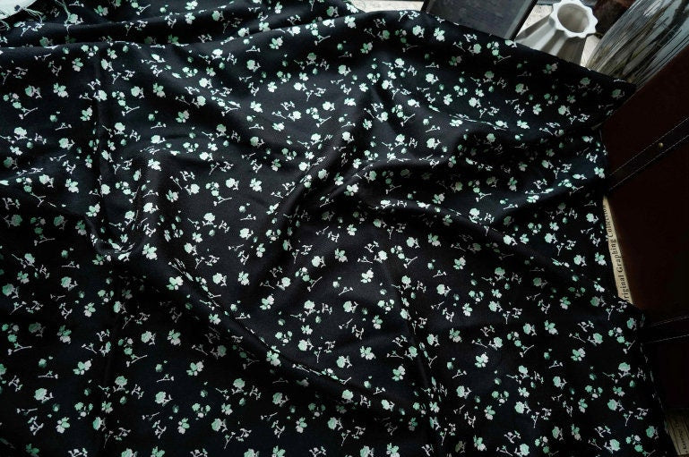 Green Floral Black Jacquard Fabric: Rayon Blend Upholstery, 59" Wide