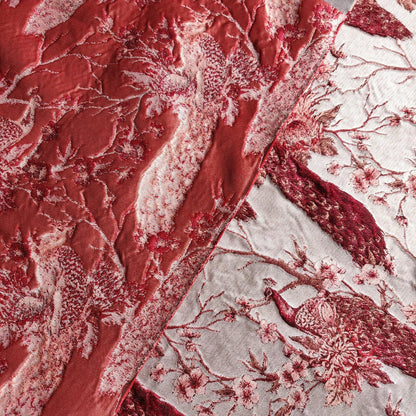 Red Peacock Jacquard Fabric: Embossed Woven Upholstery, Costume, Decor - 56"W