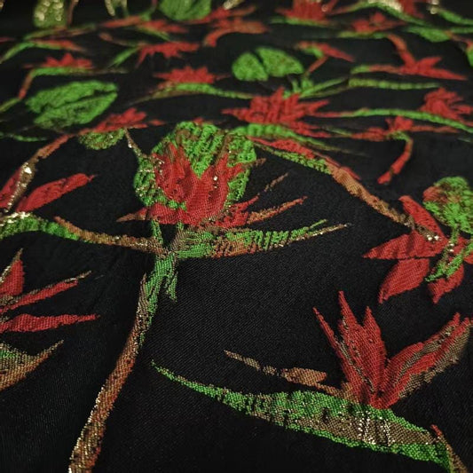 Black Embossed Jacquard Fabric: Gold Thread Yarn-Dyed Design, 55"W