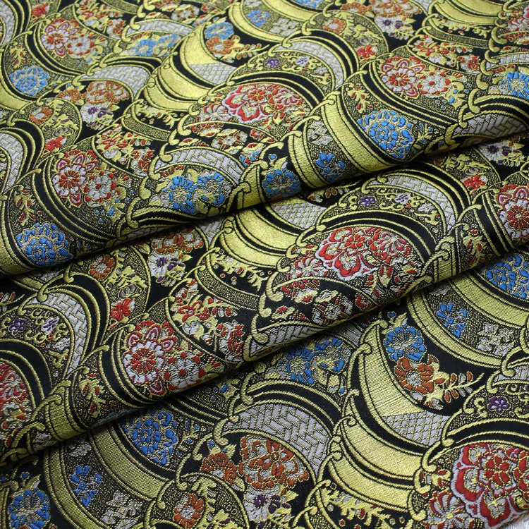 Nishijin Floral Jacquard Fabric: Black and Gold Silk Brocade (29.5" Width)