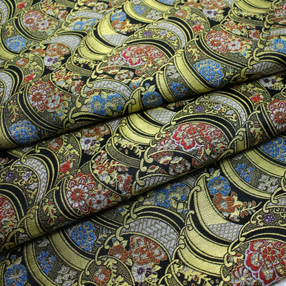 Nishijin Floral Jacquard Fabric: Black and Gold Silk Brocade (29.5" Width)