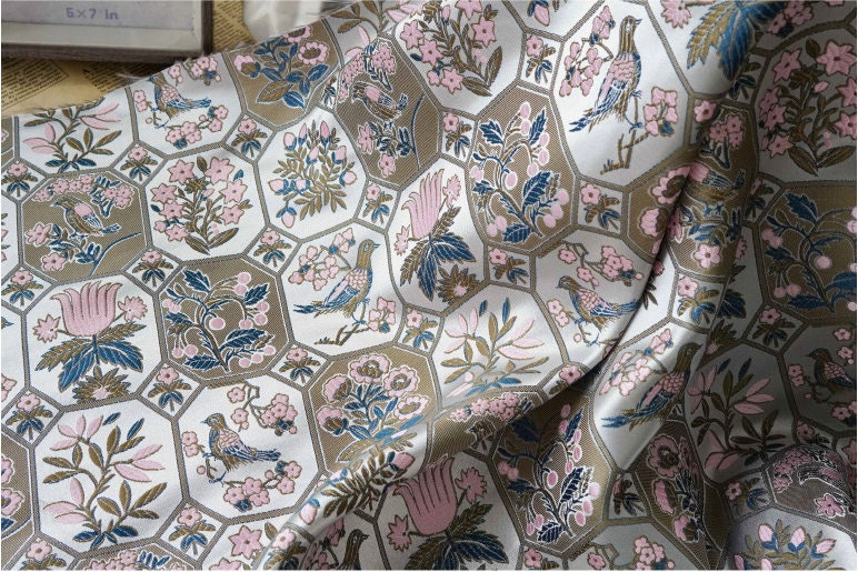 Floral Bird Satin Fabric: 59" Wide Rayon Drapery Material