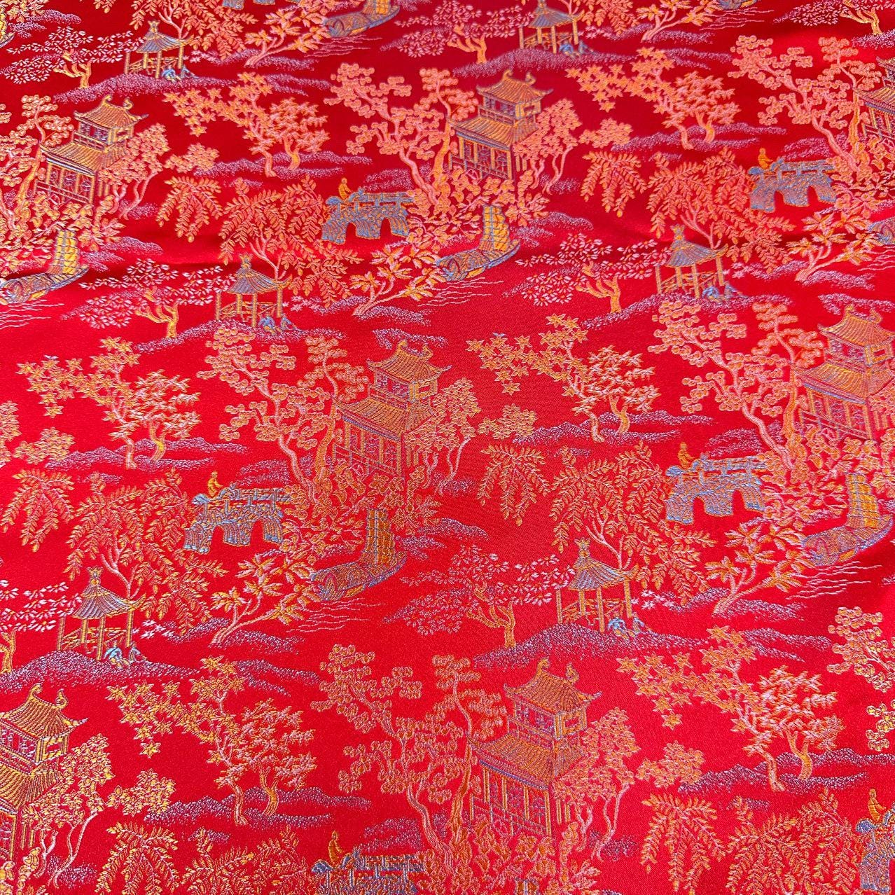 Ancient Chinese Brocade Fabric: 59"W Damask Pattern, Upholstery & Sewing