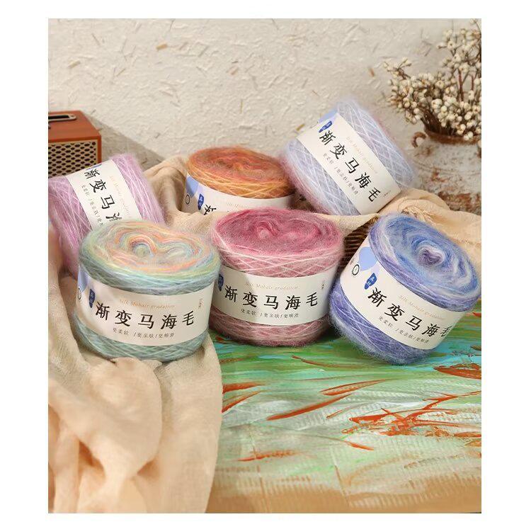 Rainbow Mohair Silk Yarn: Hand-Dyed Gradient Lace Knitting Wool