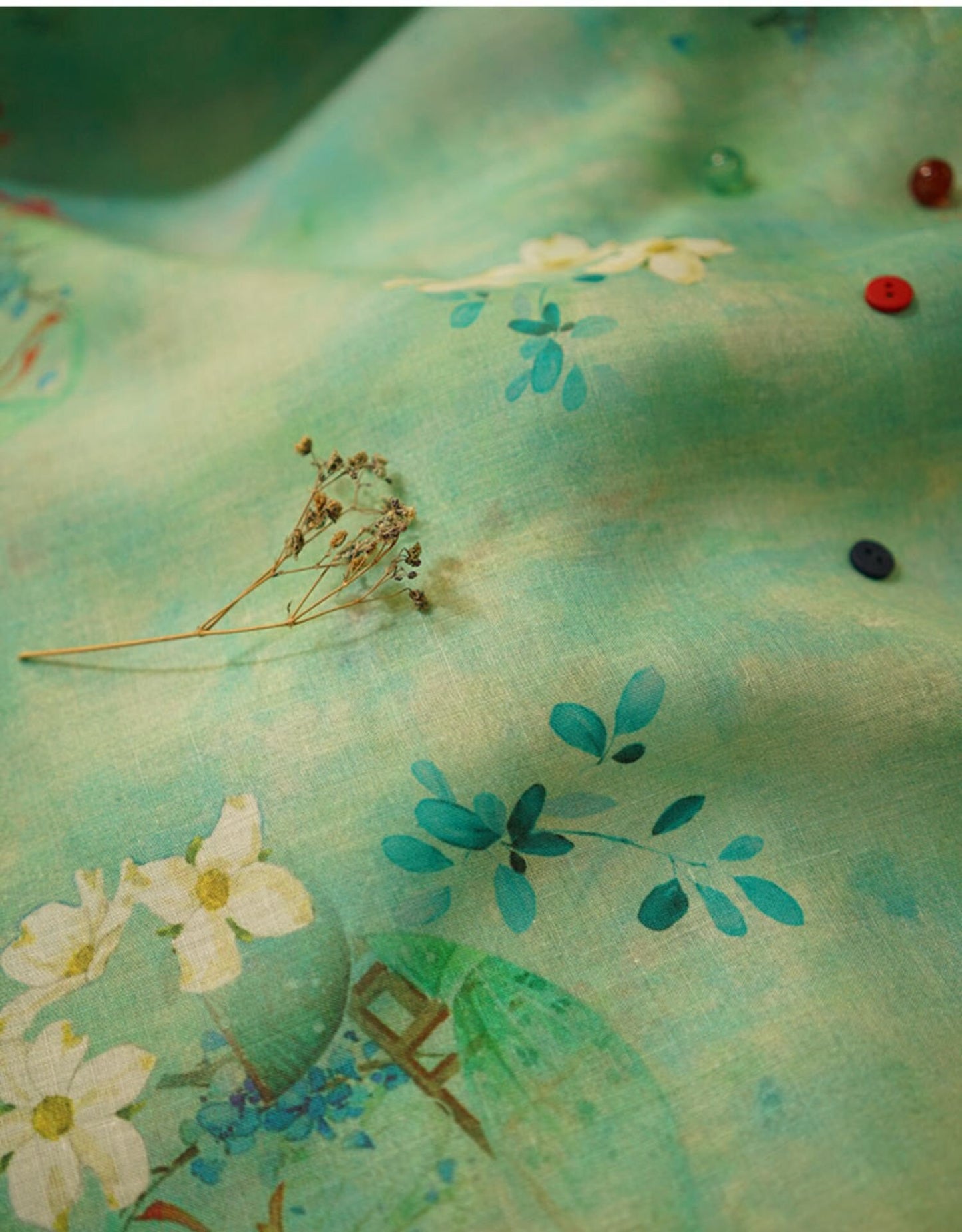 Floral Ramie Fabric: Jade Green Textile, 55" Wide