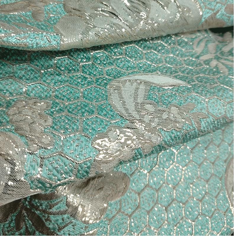 Aqua Blue Jacquard Fabric with 3D Silver Thread - 59" Wide