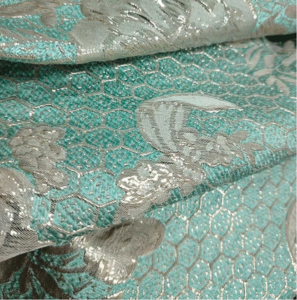 Aqua Blue Jacquard Fabric with 3D Silver Thread - 59" Wide