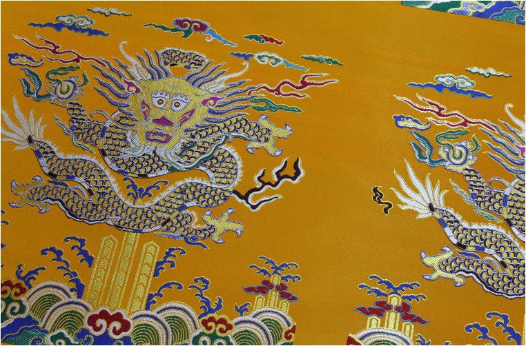 Gold Flying Dragon Fabric: Red & Gold Brocade Silk Rayon Blend (29"W)