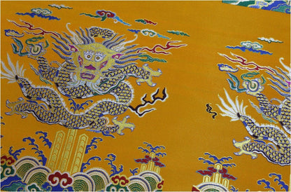 Gold Flying Dragon Fabric: Red & Gold Brocade Silk Rayon Blend (29"W)