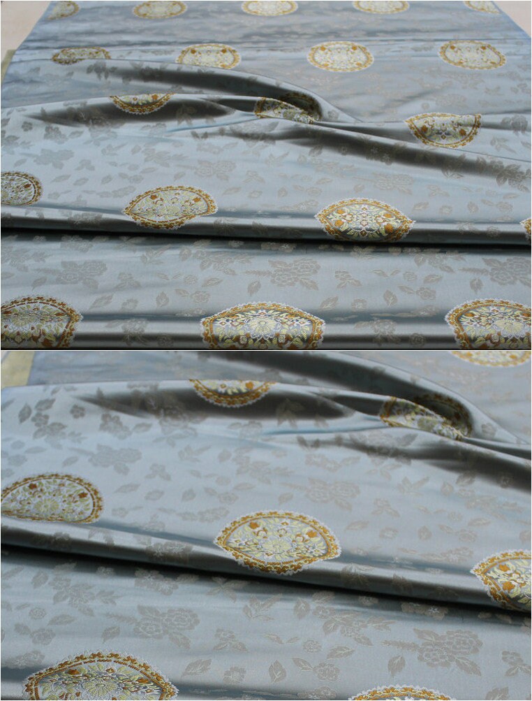 Tissu brocart de soie : style sino-mongol, bleu sarcelle et or (au mètre)