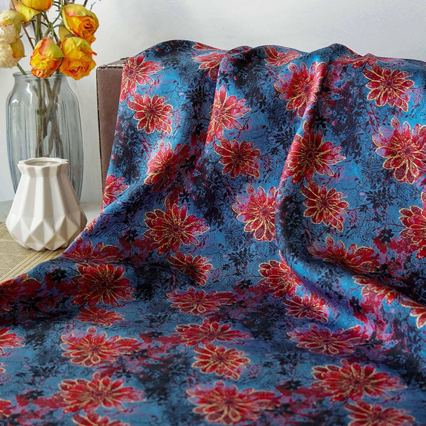 Gold Thread Floral Jacquard Fabric: Blue & Red Costume Dress Material