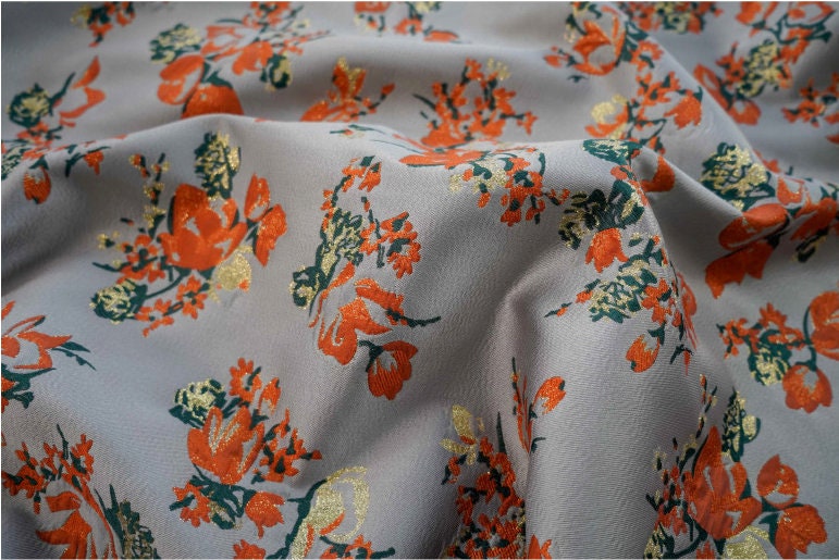 Gold Thread Jacquard Fabric: 3D Oil Painting Texture, Orange Floral (57"W)