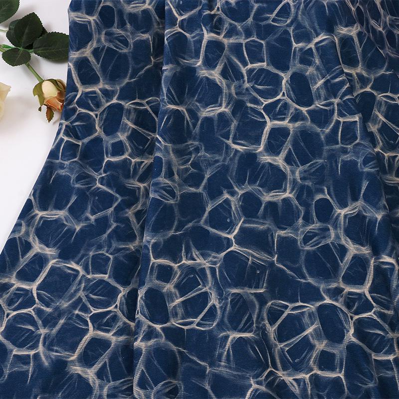 Blue Geometric Wool Silk Blend Fabric: Warm Autumn Winter Stretch