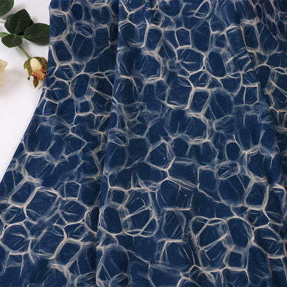 Blue Geometric Wool Silk Blend Fabric: Warm Autumn Winter Stretch