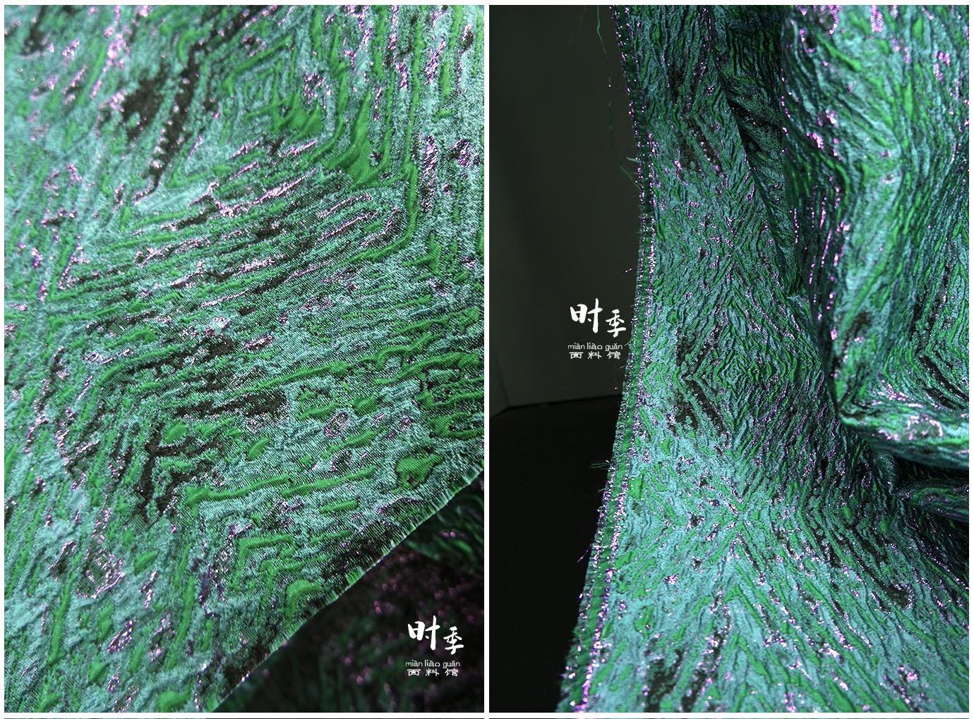 Tissu jacquard 3D vert et violet avec fil doré - 140 cm de large