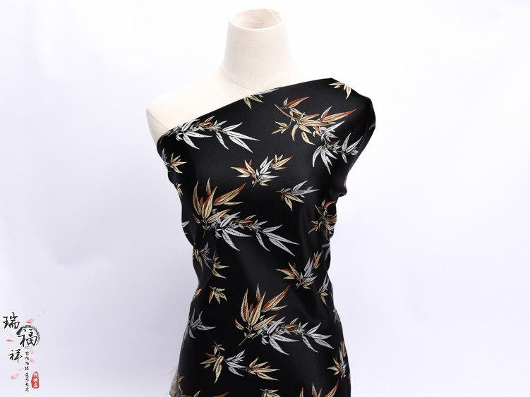 Black Bamboo Leaves Silk Brocade Fabric: Costume & Decor
