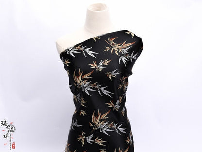Black Bamboo Leaves Silk Brocade Fabric: Costume & Decor