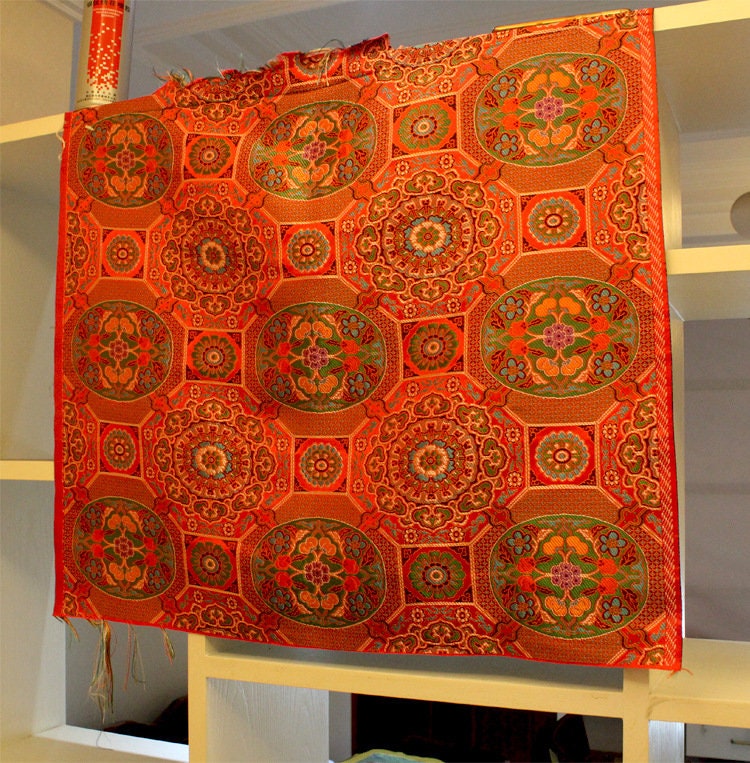 Exotic Brocade Fabric: 29.5"W Gold Thread Tibetan Jacquard Satin