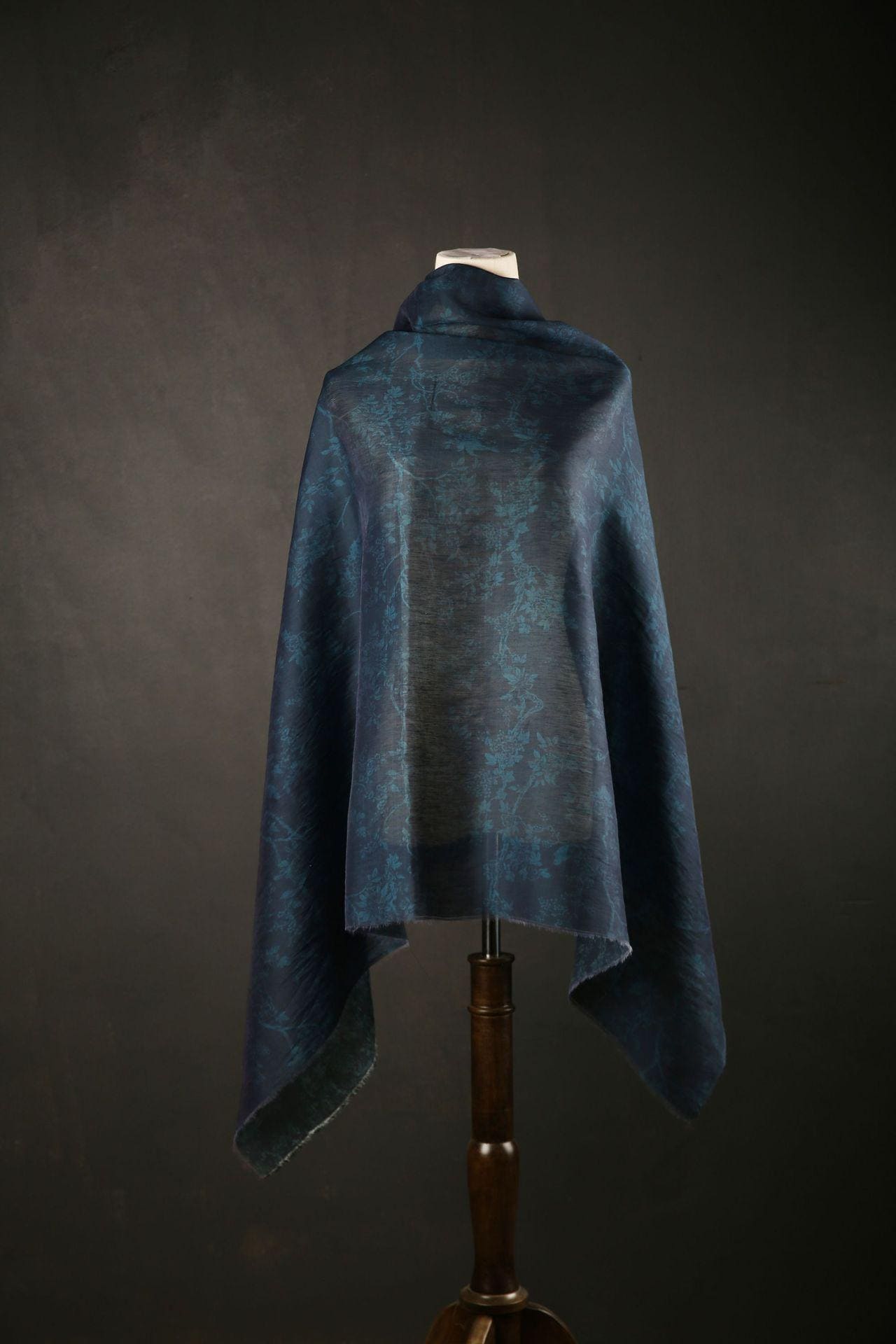 Dark Blue Floral Tencel Ramie Fabric: Sewing Material By Meter