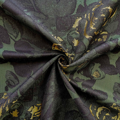 Green Jacquard Woven Fabric: 3D Gold Thread Embossed Texture, 61"W - Upholstery & Costume