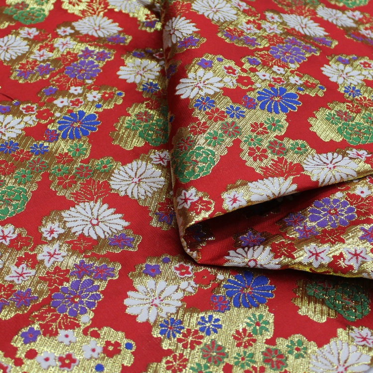 Japanese Floral Brocade Fabric: Gold & Silver Woven Damask (By The Meter)