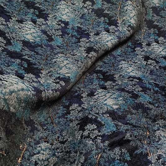 Ice Blue Jacquard Fabric With Gold Thread | Textured Embossed Material, 64" Wide