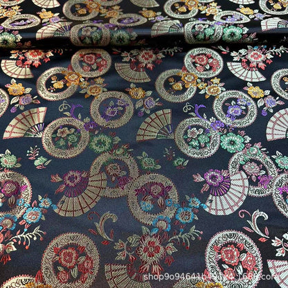 Gold Nishijin Brocade Fabric: Japanese Snow Wheel Fan & Cherry Blossom Silk (59"W)