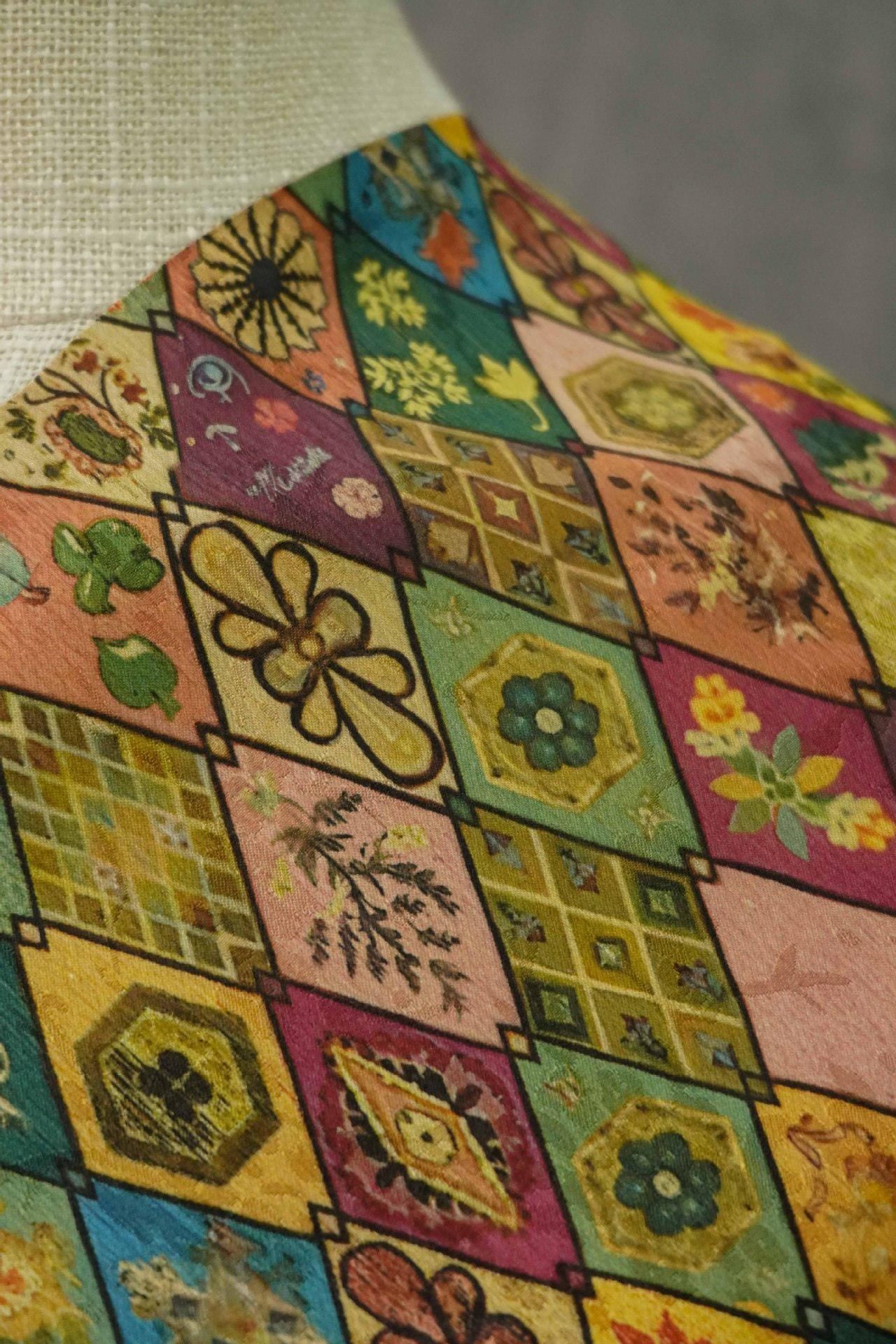 Floral Diamond Tea Satin Fabric, Dark Green Digital Print, 59" Wide