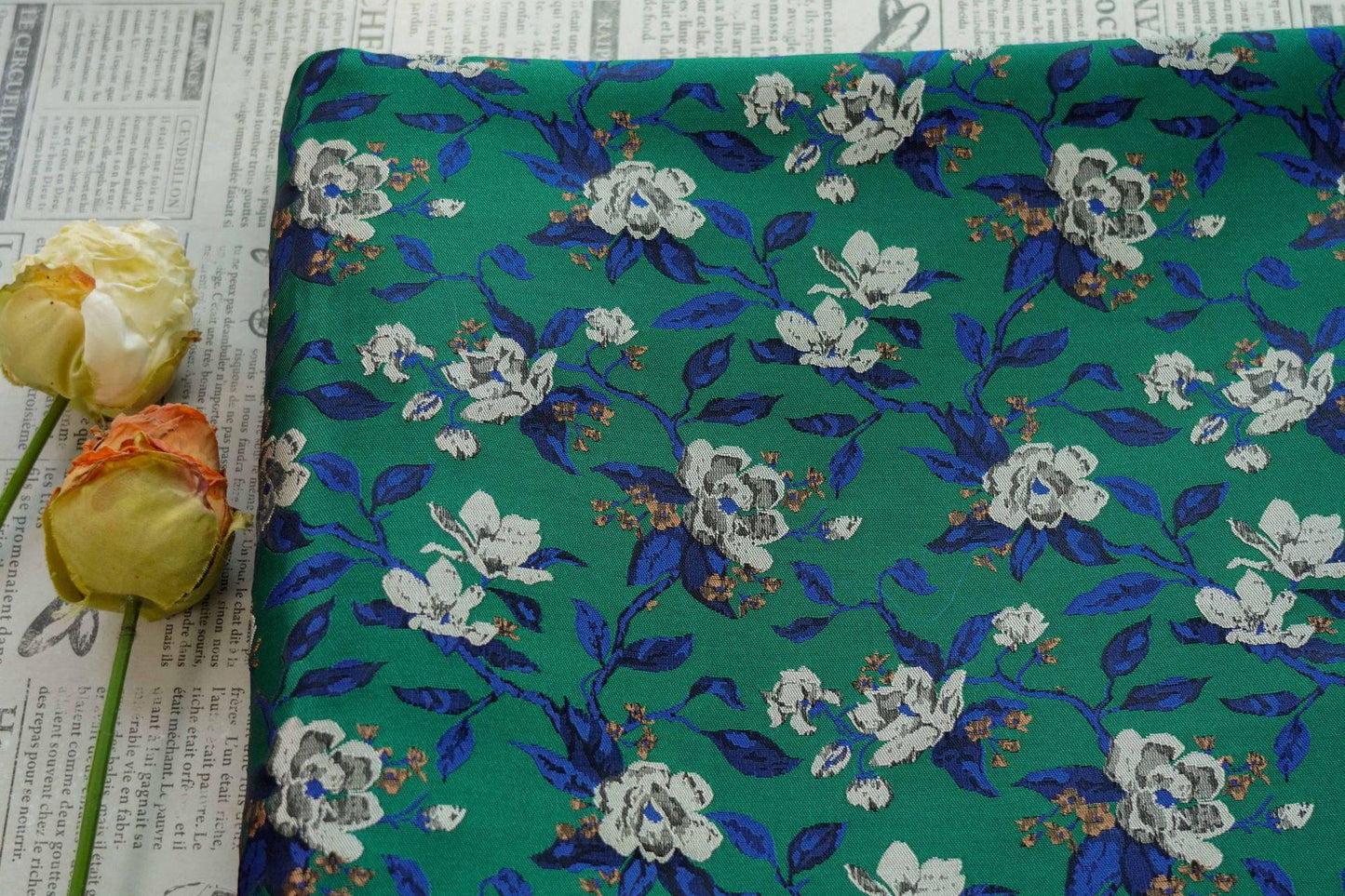 Green Camellia Jacquard Brocade Satin Fabric ��� Floral Textile for Dresses, Costumes & Home Dec"Wide
