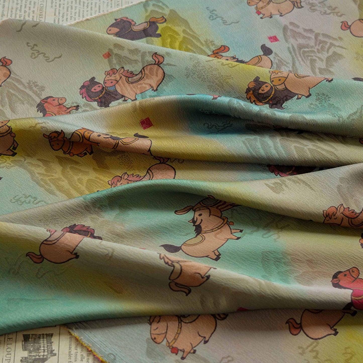 Tissu satiné en soie à motif poney - 150 cm de large, impression numérique